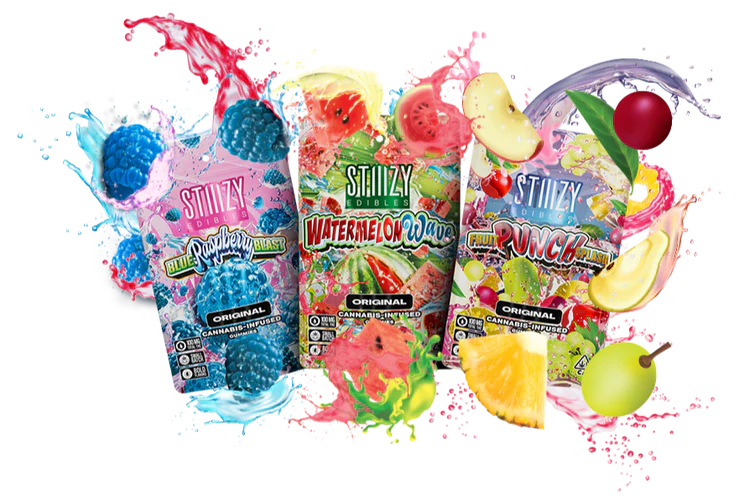 STIIIZY Original Edibles gummies — Watermelon Wave, Blue Raspberry Blast, Fruit Punch Splash